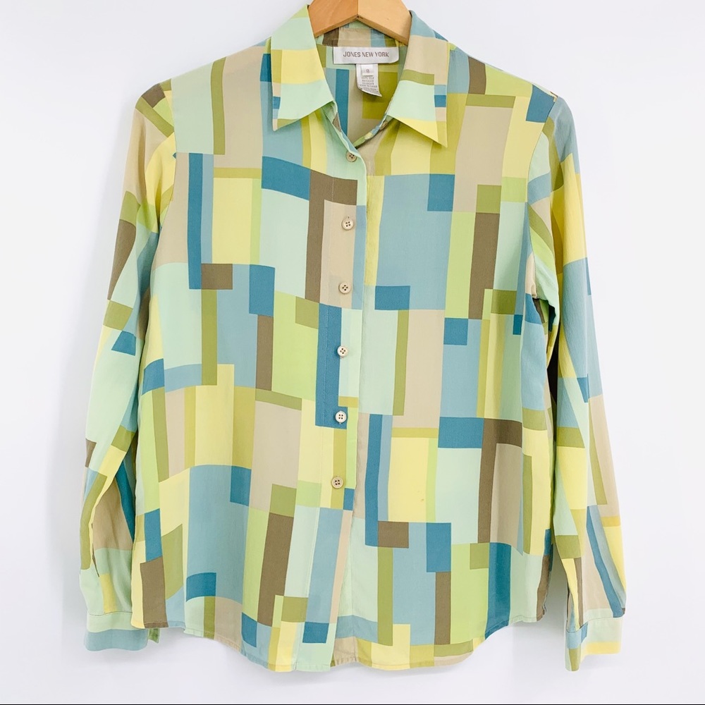 JONES NY green/ blue geo print silk button down